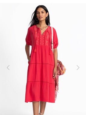 Johnny Was: Calme Puff Sleeve Tie Neck Midi Dress